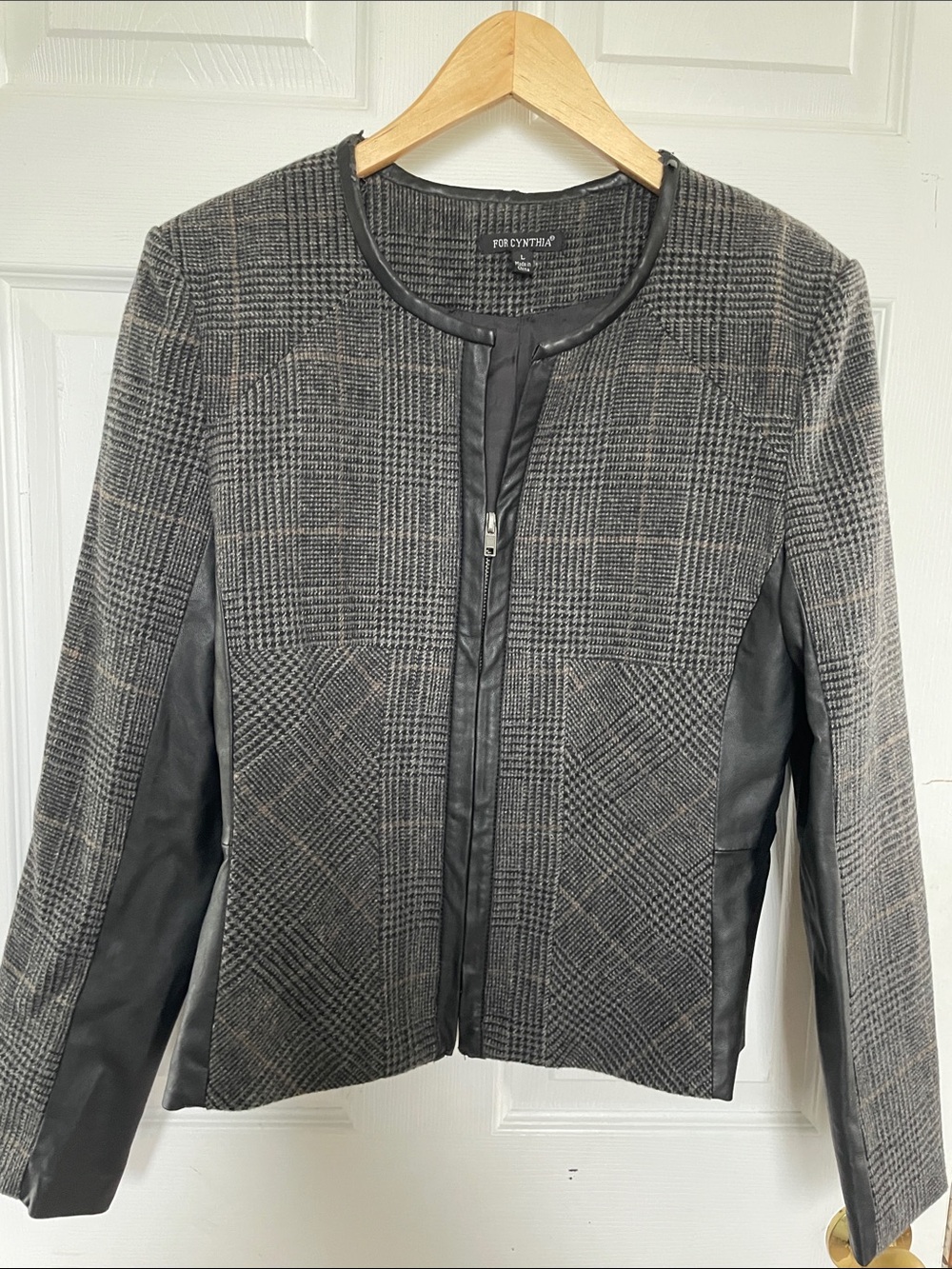 For Cynthia Gray Plaid Jacket with Faux Leather Trim